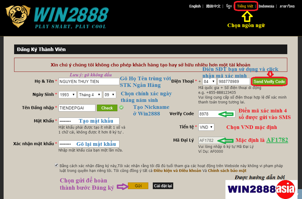 Đăng ký Win2888 qua mã Verify Code đã được khắc phục lỗi - 1